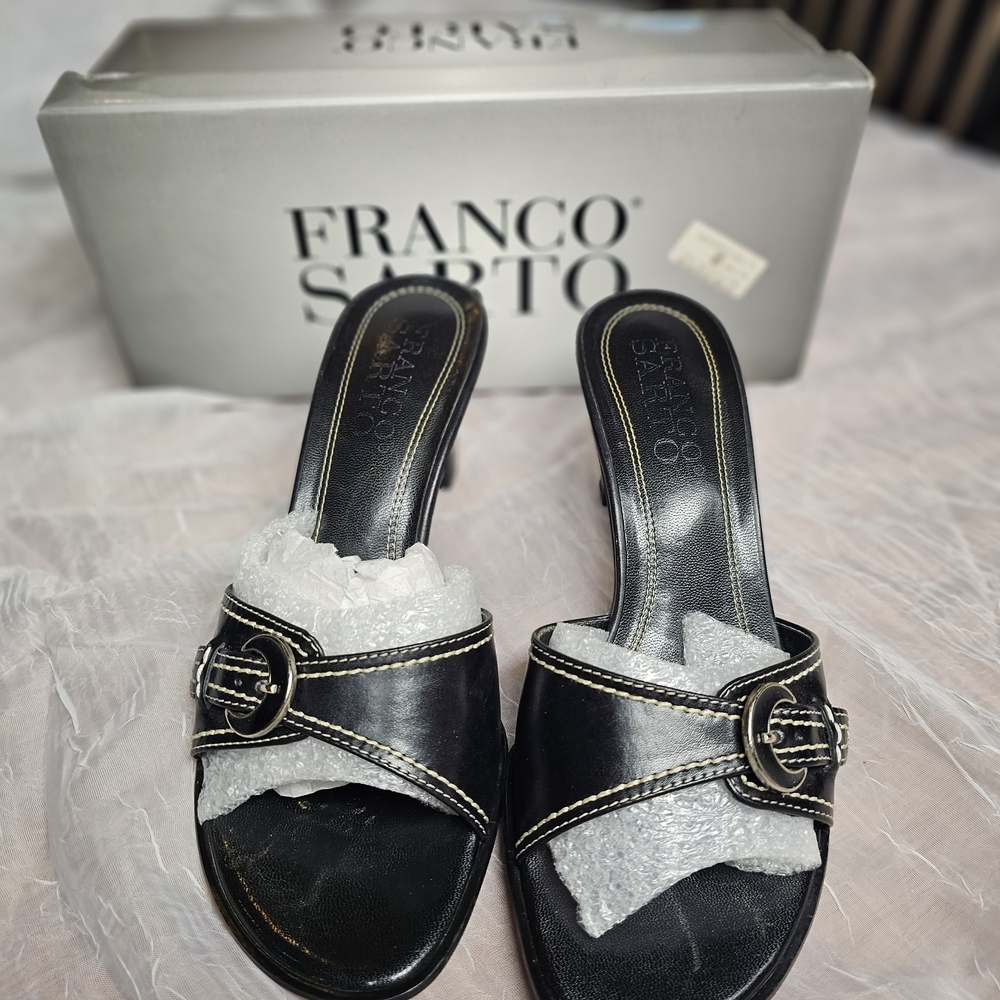 Franco Sarto Black Leather Slide Mules with Buckle Detail